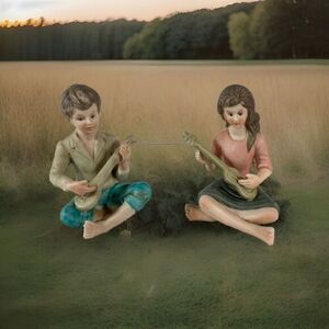 Pair Ardalt Lenwile Boy And Girl Sitting Playing Instruments Banjo Guitar Japan